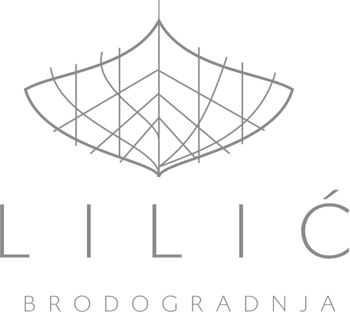 Lilić Brodogradnja logo stilizirani kostur drvene brodice s tankim linijama koje tvore simetričan, elegantan oblik inspiriran morem i tradicijom brodogradnje.