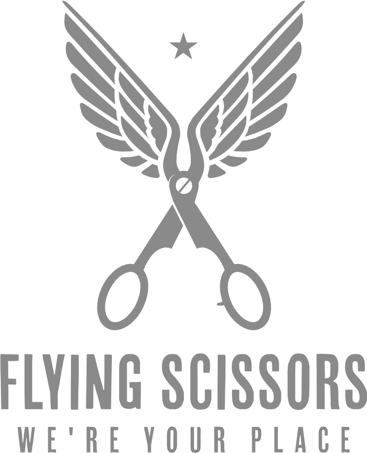 Flying Scissors logotip sa stiliziranim škarama, raširenim krilima i zvijezdom, uz naziv brenda i slogan „We’re Your Place