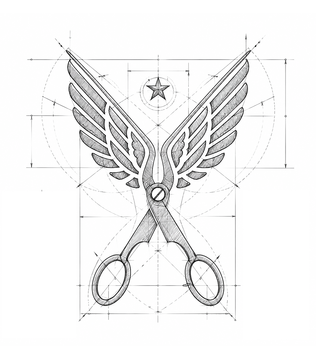 Flying Scissors logotip sa stiliziranim škarama, raširenim krilima i zvijezdom, uz naziv brenda i slogan „We’re Your Place