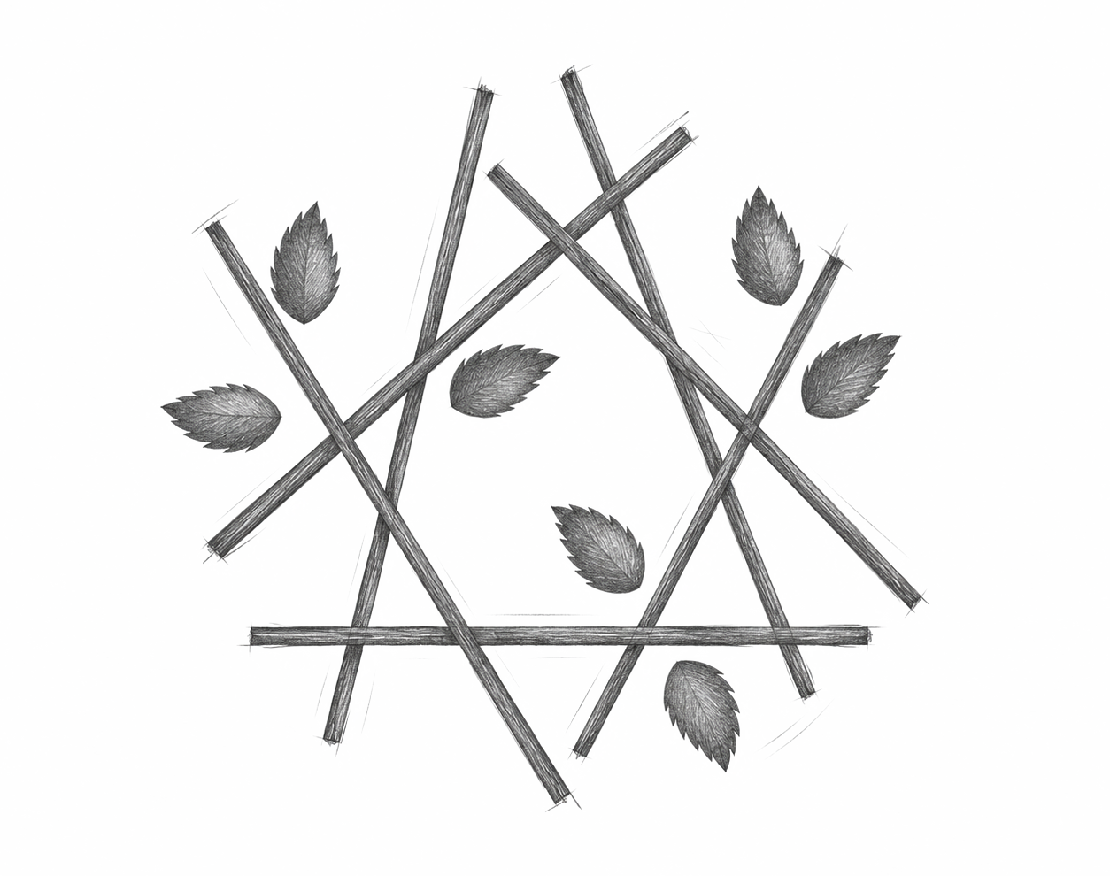 Skica logotipa Green Hut olovkom, s ukriženim granama i listovima koji oblikuju stiliziranu kolibu na bijeloj podlozi.