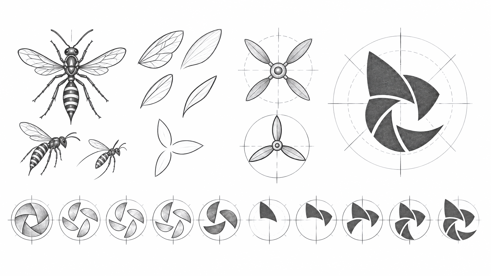 Skice razvoja logotipa Germany Drone Supply, od ose i njezinih krila preko elisa drona i blende fotoaparata do završnog znaka od pet elemenata.