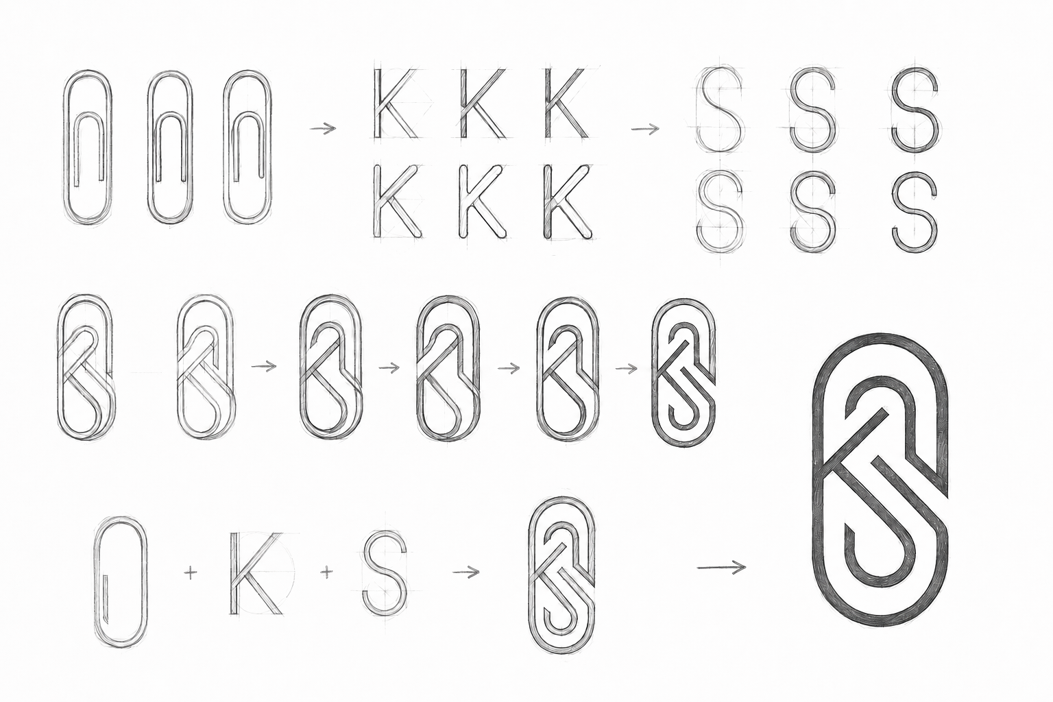 Skica razvoja KS logotipa koji spaja oblik uredske spajalice sa slovima K i S.