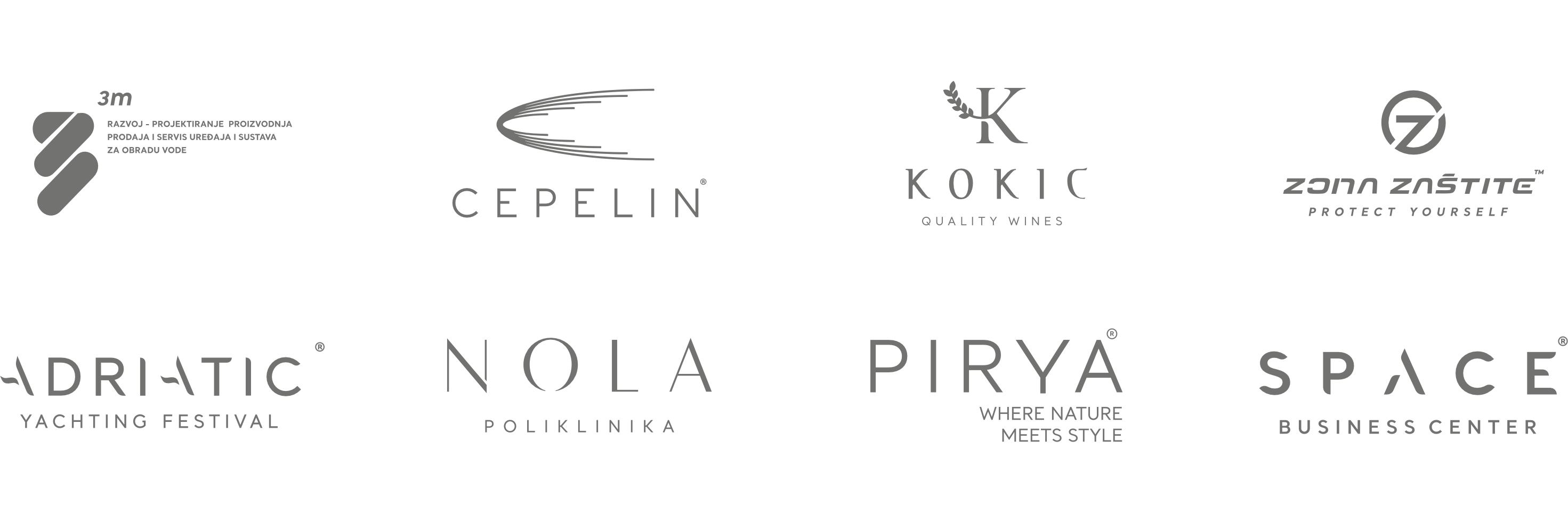 Vrste logotipa: osam jednobojnih primjera u dva reda, s različitim oblicima slova i simbolima koji prikazuju raznovrsne pristupe stvaranju vizualnog identiteta.