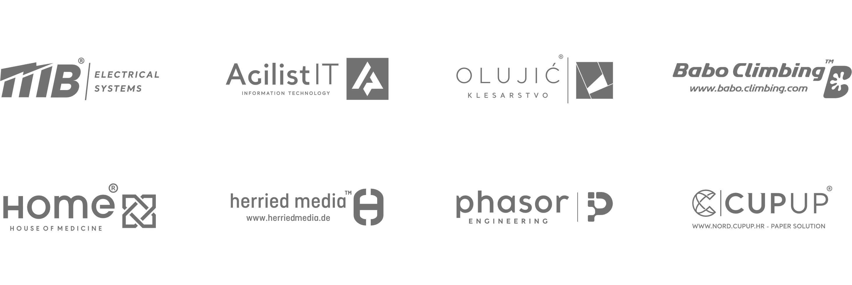 Vrste logotipa: osam jednobojnih primjera u dva reda, s različitim oblicima slova i simbolima koji prikazuju raznovrsne pristupe stvaranju vizualnog identiteta.