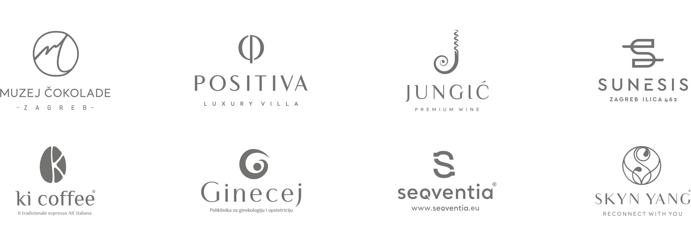 Vrste logotipa: osam jednobojnih primjera u dva reda, s različitim oblicima slova i simbolima koji prikazuju raznovrsne pristupe stvaranju vizualnog identiteta.