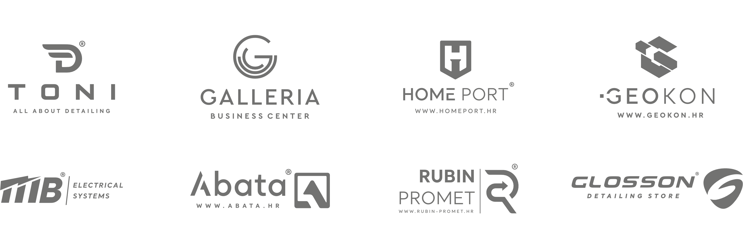 Vrste logotipa: osam jednobojnih primjera u dva reda, s različitim oblicima slova i simbolima koji prikazuju raznovrsne pristupe stvaranju vizualnog identiteta.