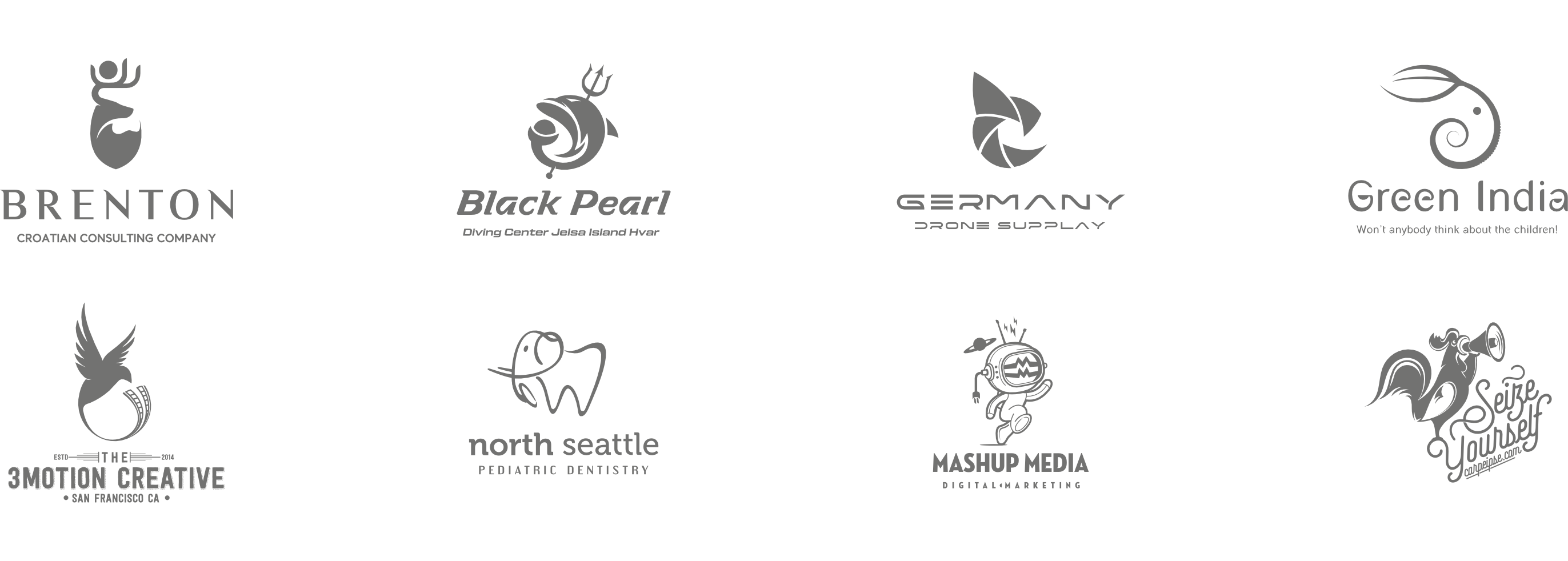 Vrste logotipa: osam jednobojnih primjera u dva reda, s različitim oblicima slova i simbolima koji prikazuju raznovrsne pristupe stvaranju vizualnog identiteta.